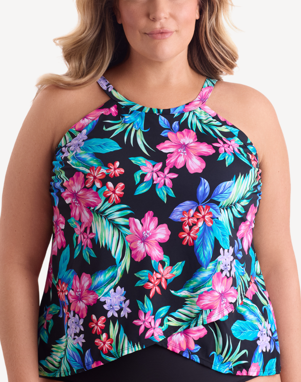 Island Hopping High Neck Plus Size Tankini Top#color_island-black-multi