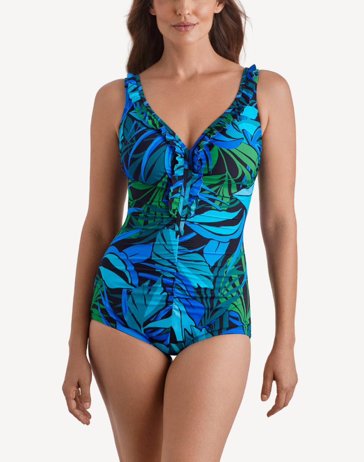 Leaf Sensation Ruffle Neck Girl Leg One Piece Swimsuit