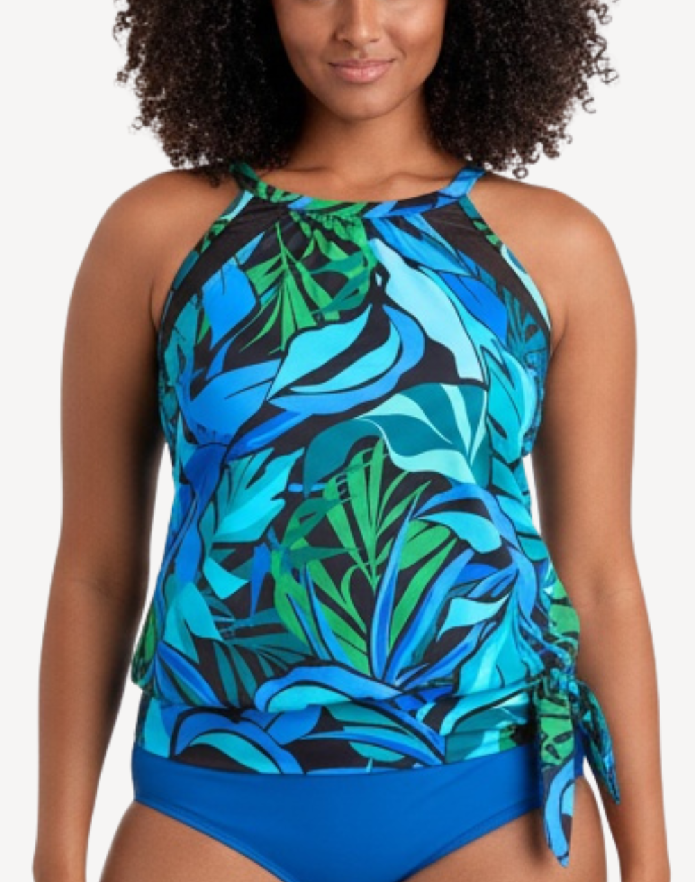 Leaf Sensatoin High Neck Blouson Plus Size Tankini Top