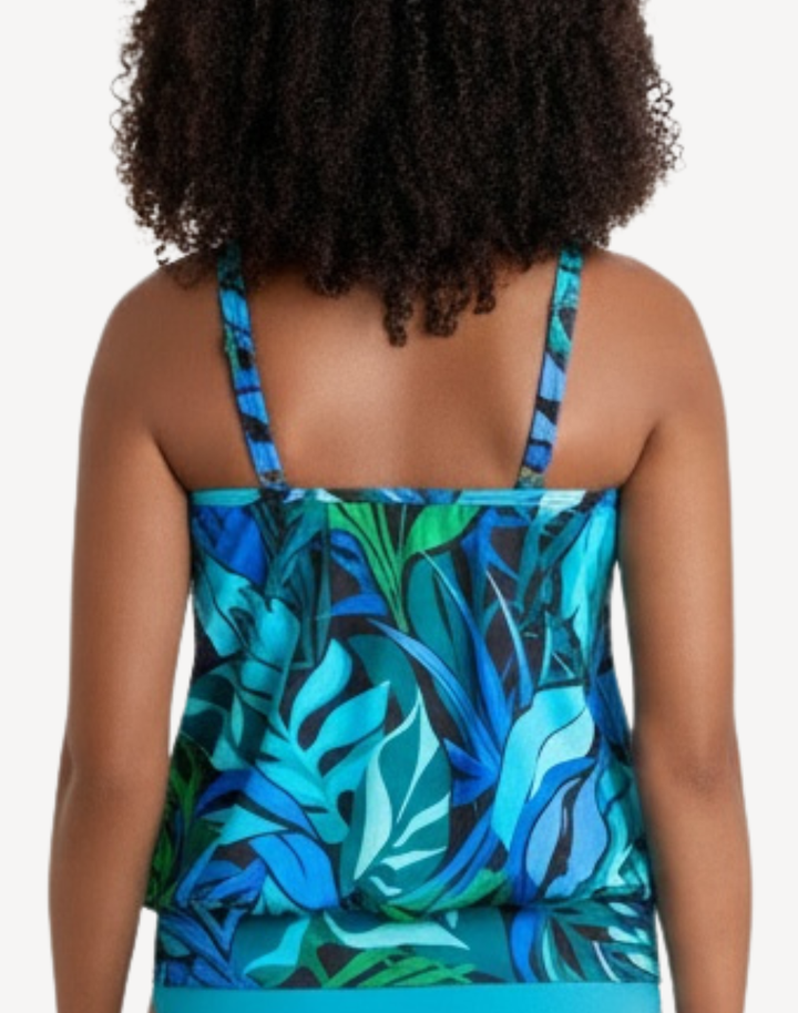 Leaf Sensatoin High Neck Blouson Plus Size Tankini Top