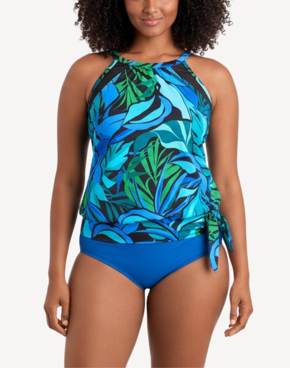 Leaf Sensatoin High Neck Blouson Plus Size Tankini Top