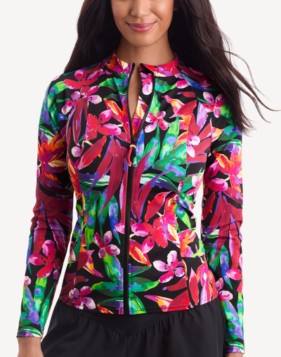 Secret Jungle Zip Front UPF 50 Long Sleeve Swim Shirt#color_secret-jungle-multi