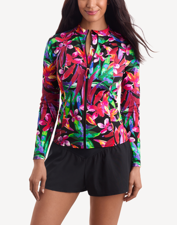 Secret Jungle Zip Front UPF 50 Long Sleeve Swim Shirt