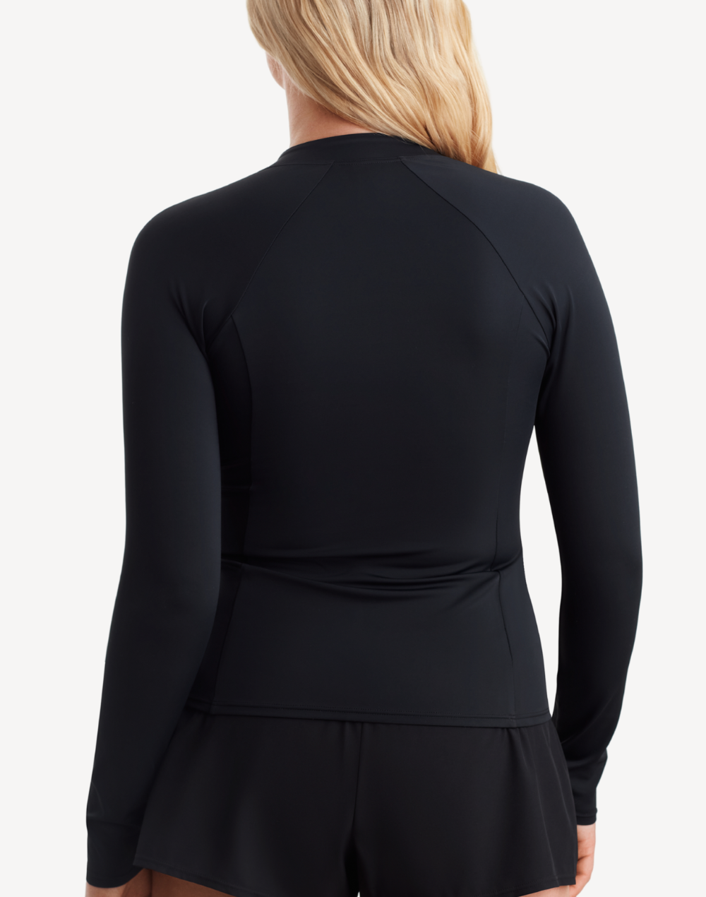 Solid Zip Front UPF 50 Long Sleeve Swim Shirt#color_black