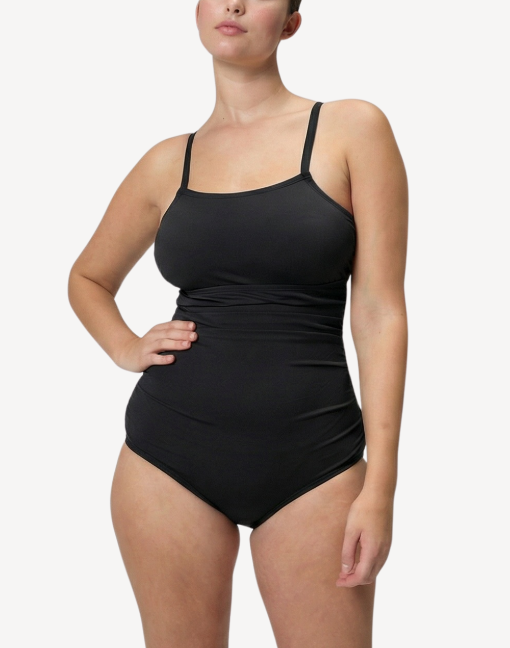 Adjustable Solid Shirred Polyester Plus Size One Piece Swimsuit#color_black