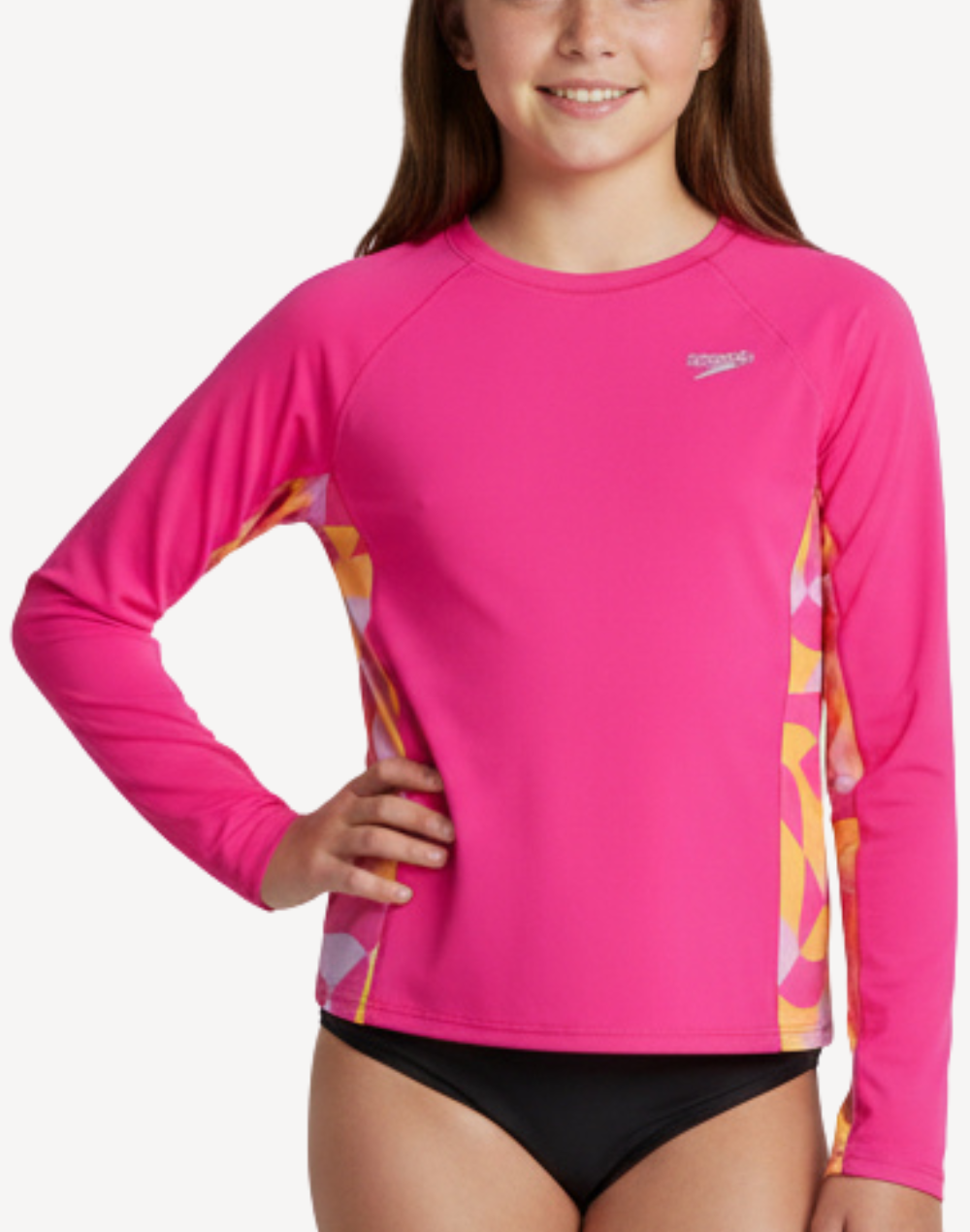 Girls Printed Splice UPF 50 Long Sleeve Rashguard#color_printed-splice-flare-pink