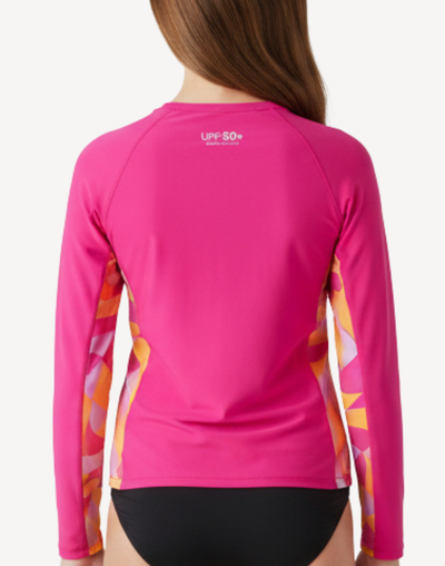 Girls Printed Splice UPF 50 Long Sleeve Rashguard#color_printed-splice-flare-pink