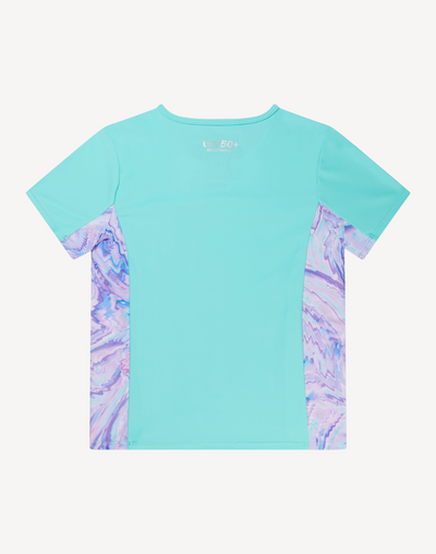 Girls Printed Splice UPF 50+ Short Sleeve Swim Shirt#color_splice-arctic-glass