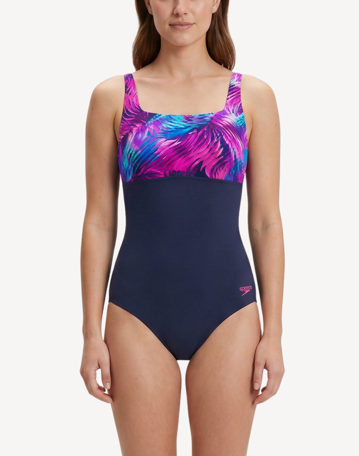 Print Blocked Square Neck One Piece Swimsuit