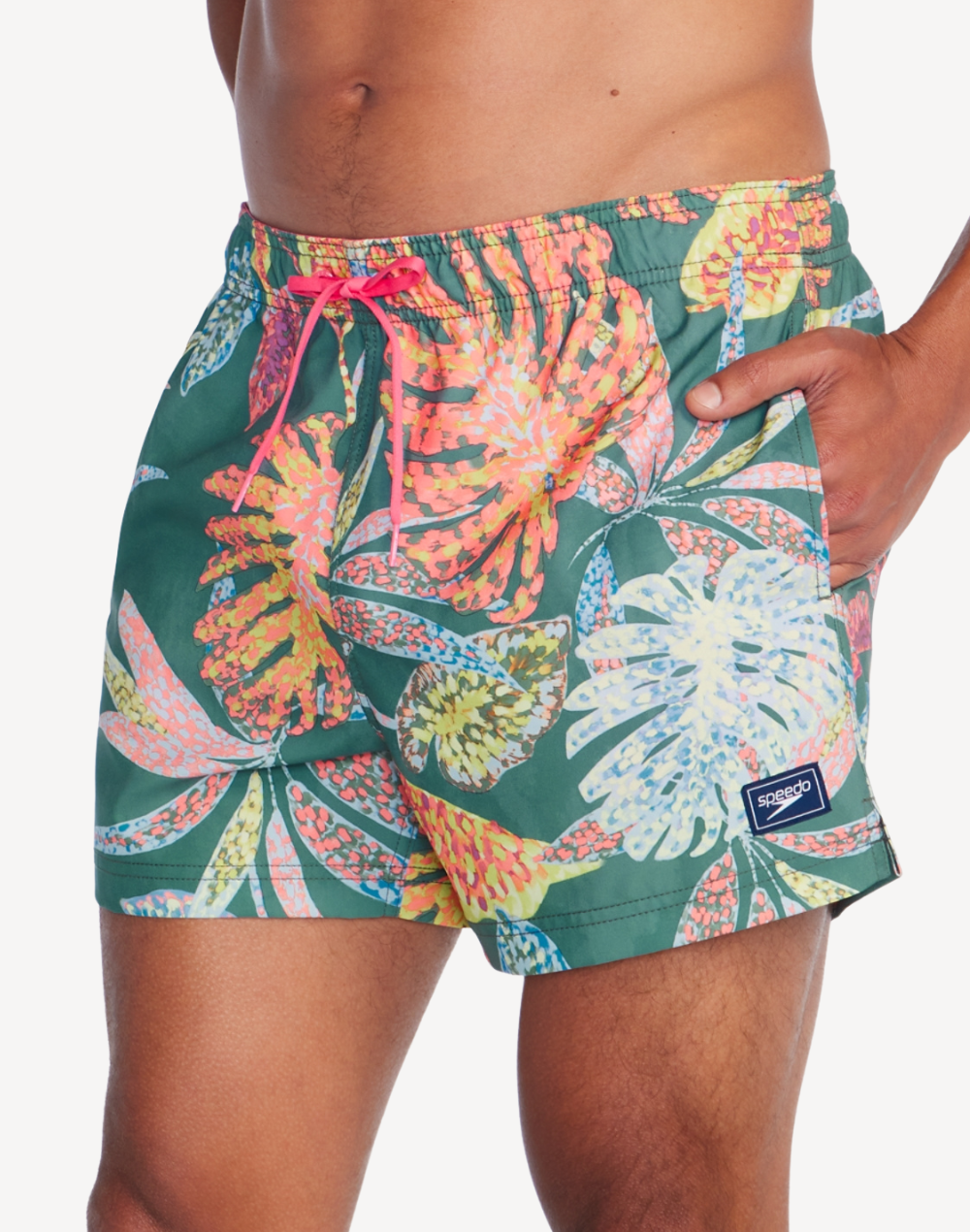 Printed Redondo Edge 14" Swim Trunk#color_palm-multi