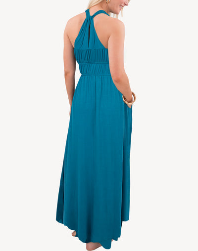 Smocked Pocketed Grecian Maxi Dress#color_blue