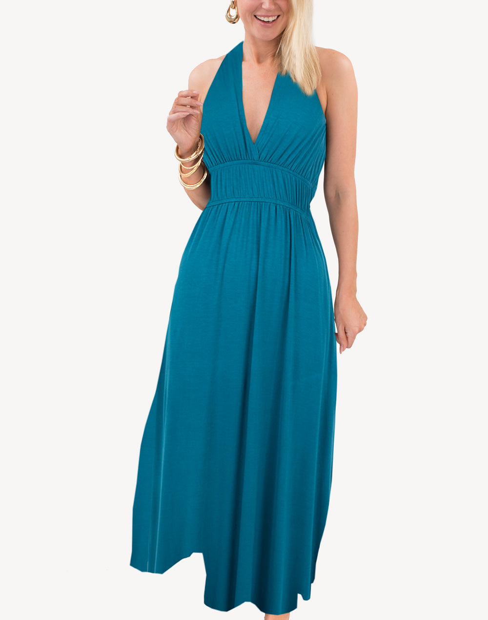 Smocked Pocketed Grecian Maxi Dress#color_blue