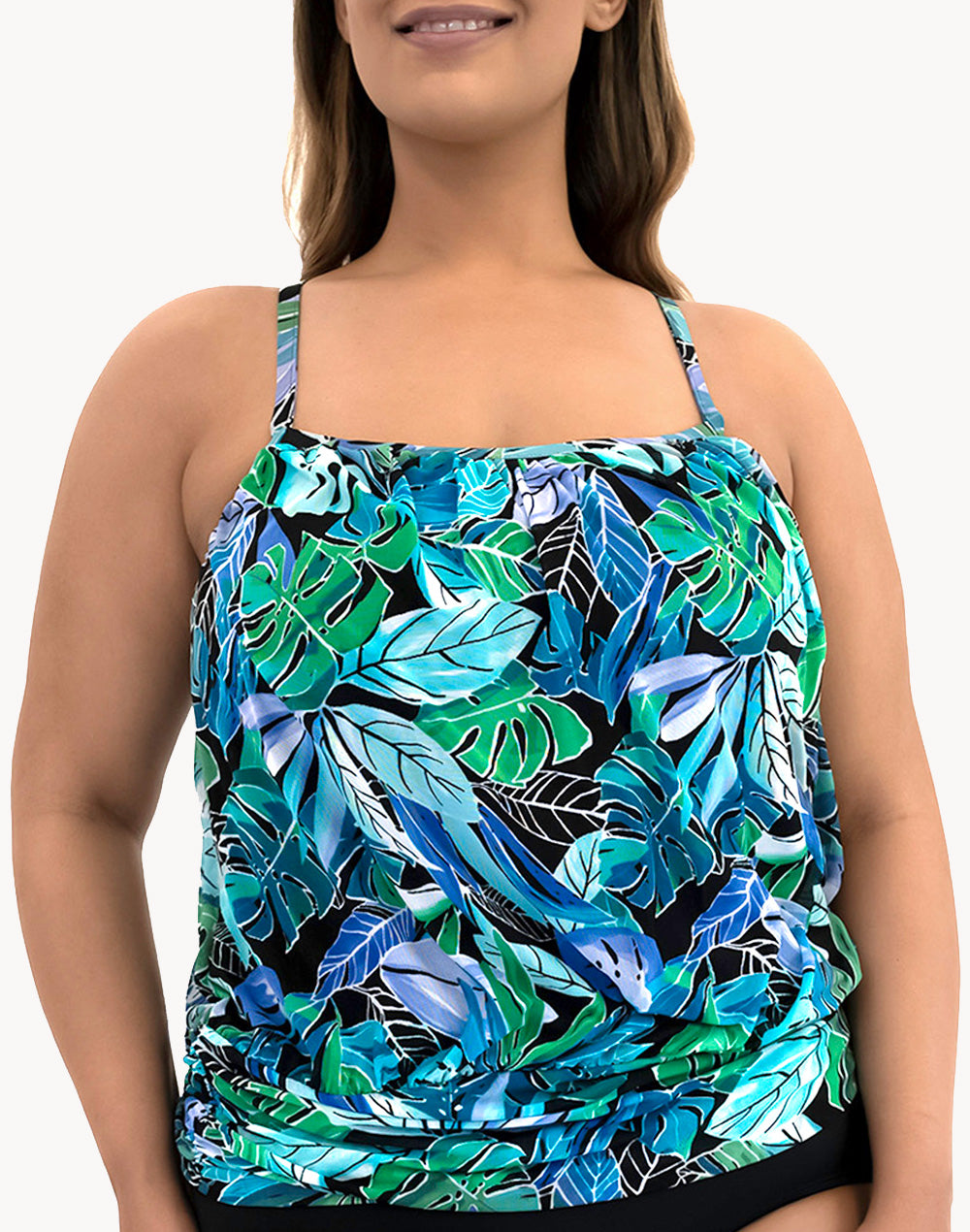 Palms Plus Size Mesh Blouson Tankini Top#color_palms-green-blue