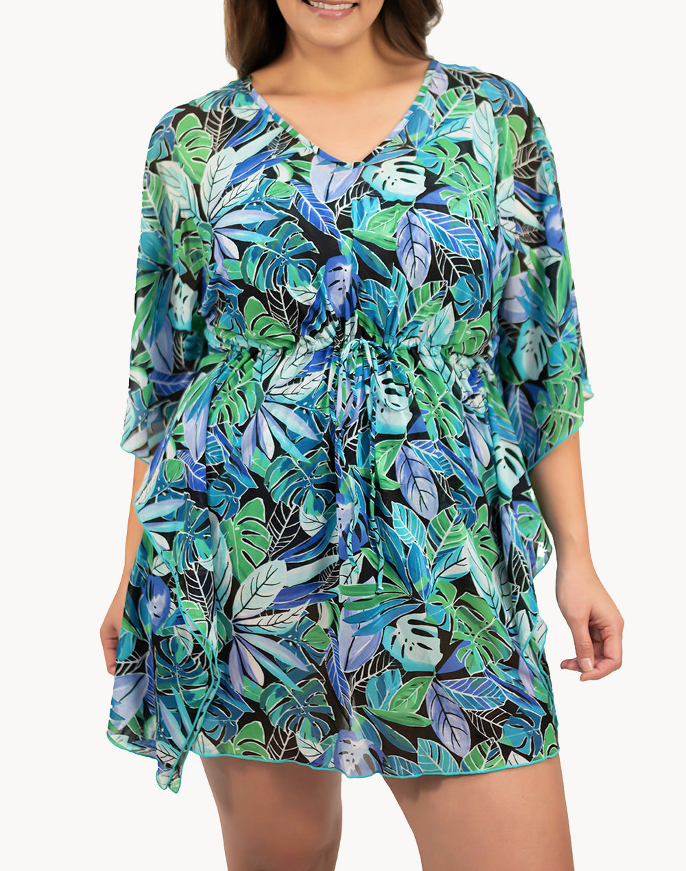 Palms Plus Size Mesh V Neck Drawstring Cover Up#color_palms-green-blue