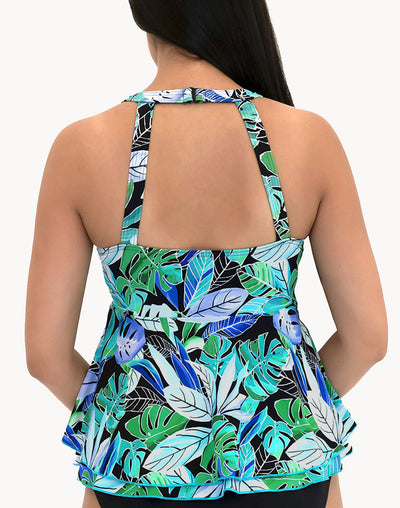 Palms High Neck Two Tier Tankini Top#color_palms-green-blue