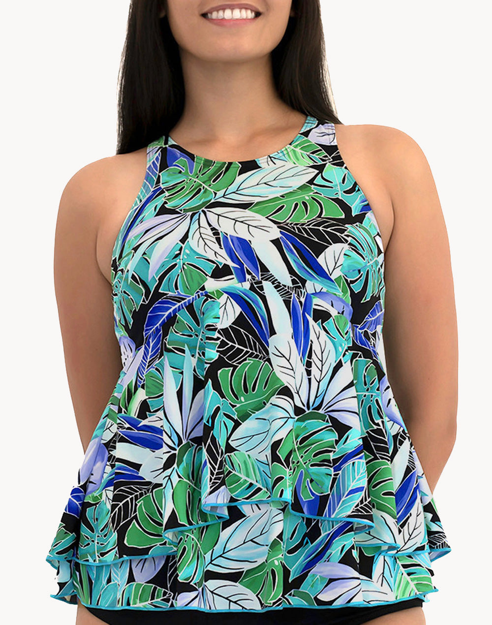 Palms High Neck Two Tier Tankini Top#color_palms-green-blue
