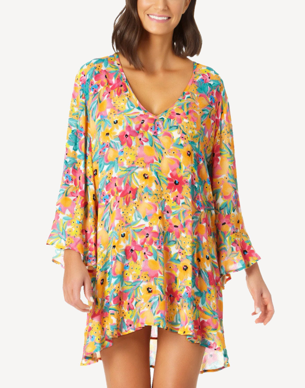Sunshine Floral Flounce Tunic Cover Up#color_sunshine-floral-yellow