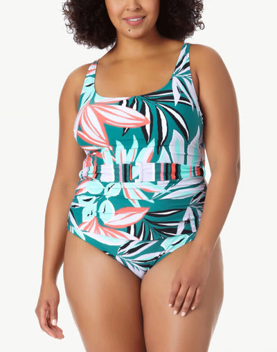 Zesty Floral Plus Size Belted Scoop Neck One Piece#color_zesty-tropical