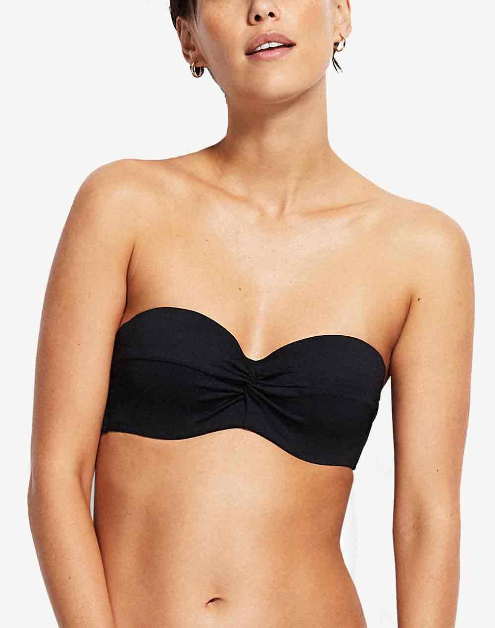 Seafolly Solid Twist Front Bustier Bandeau Bikini Top#color_black