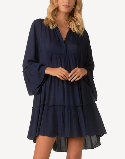 A Line Dress With Long Sleeve#color_navy