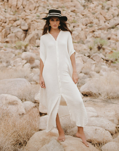 Full Button Down Short Sleeve Dress#color_white