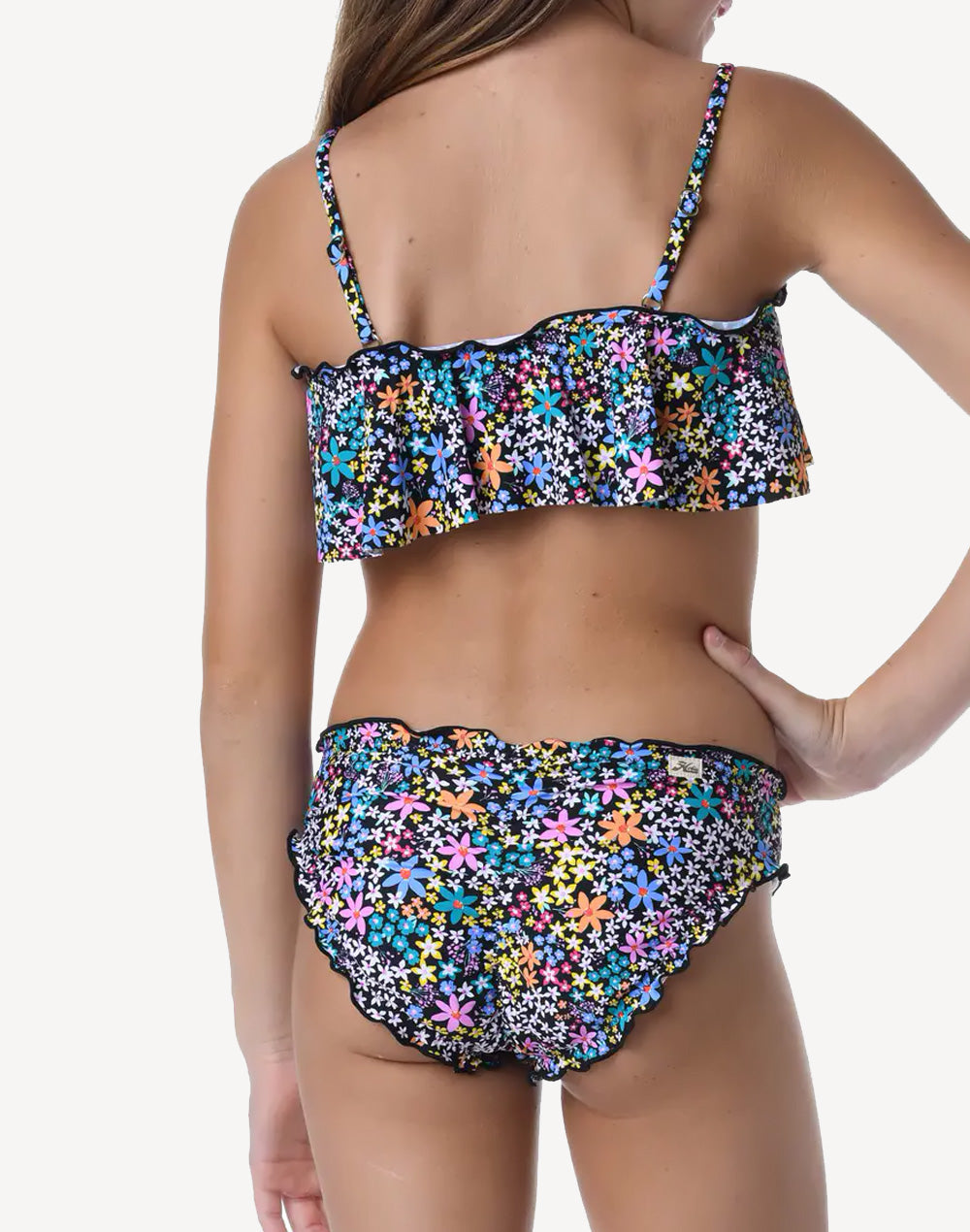 Girls Dainty Ruffle Bandeau Bikini Set#color_black