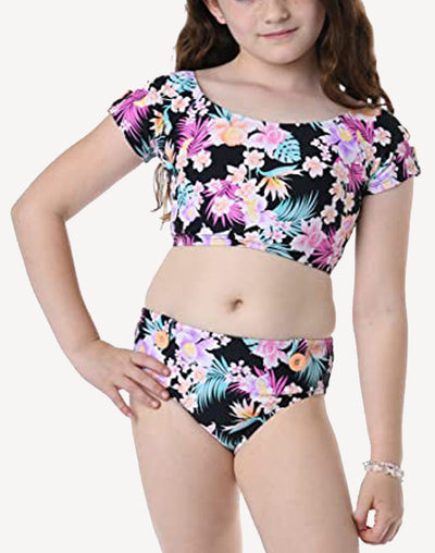 Girls Island Hopping Cap Sleeve Bikini Set#color_island-hopping-black