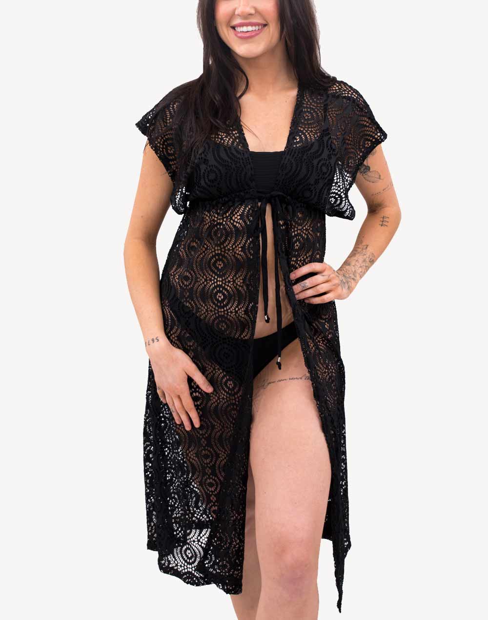 Lace Cap Sleeve Tie Front Cover Up#color_black