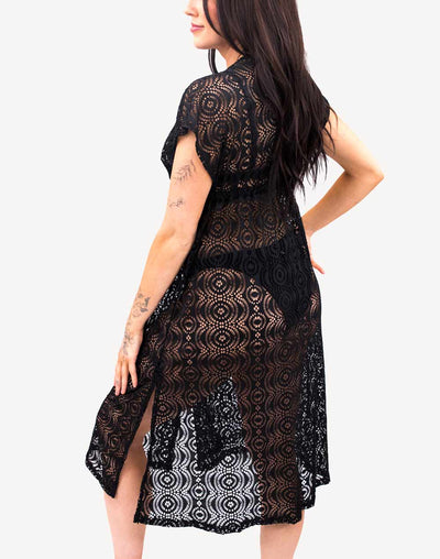 Lace Cap Sleeve Tie Front Cover Up#color_black