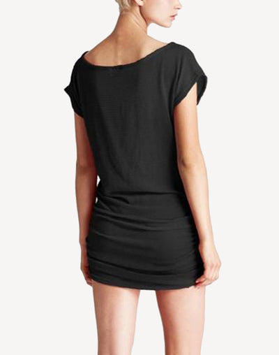Gofret Boatneck Side Shirred Dress#color_black