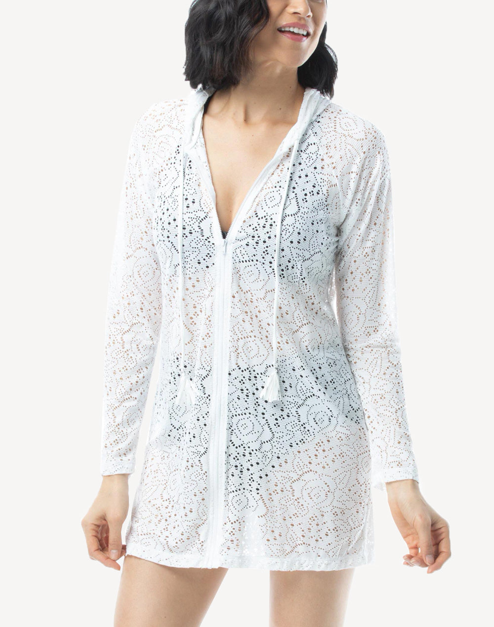 Crochet Soleil Hooded Zip Long Sleeve Cover Up#color_white