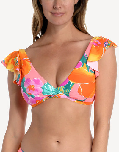 Isla Del Sol Ruffle Arm Bikini Top#color_isla-del-sol-coral