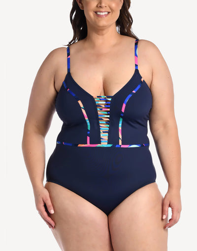 Painted Leaves Plus Size One Piece#color_navy