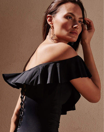 Off The Shoulder Ruffle One Piece#color_black