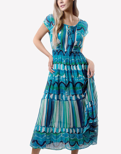 Abstract Cap Sleeve Maxi Dress#color_abstract-turquoise-multi