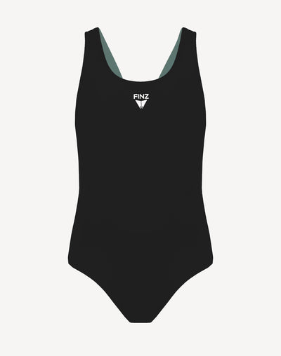 Girls Finz Solid Vaporback Polyester One Piece#color_black