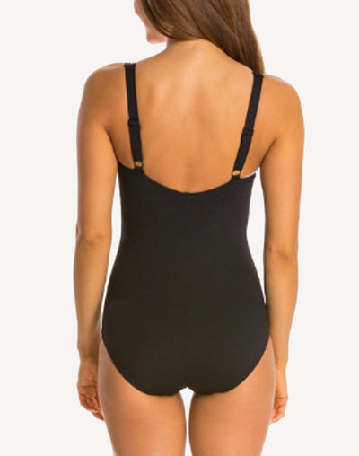 Twist Front Polyester One Piece#color_black