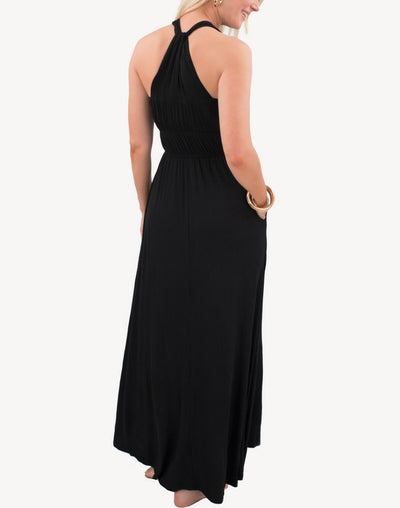 Smocked Pocketed Grecian Maxi Dress#color_black