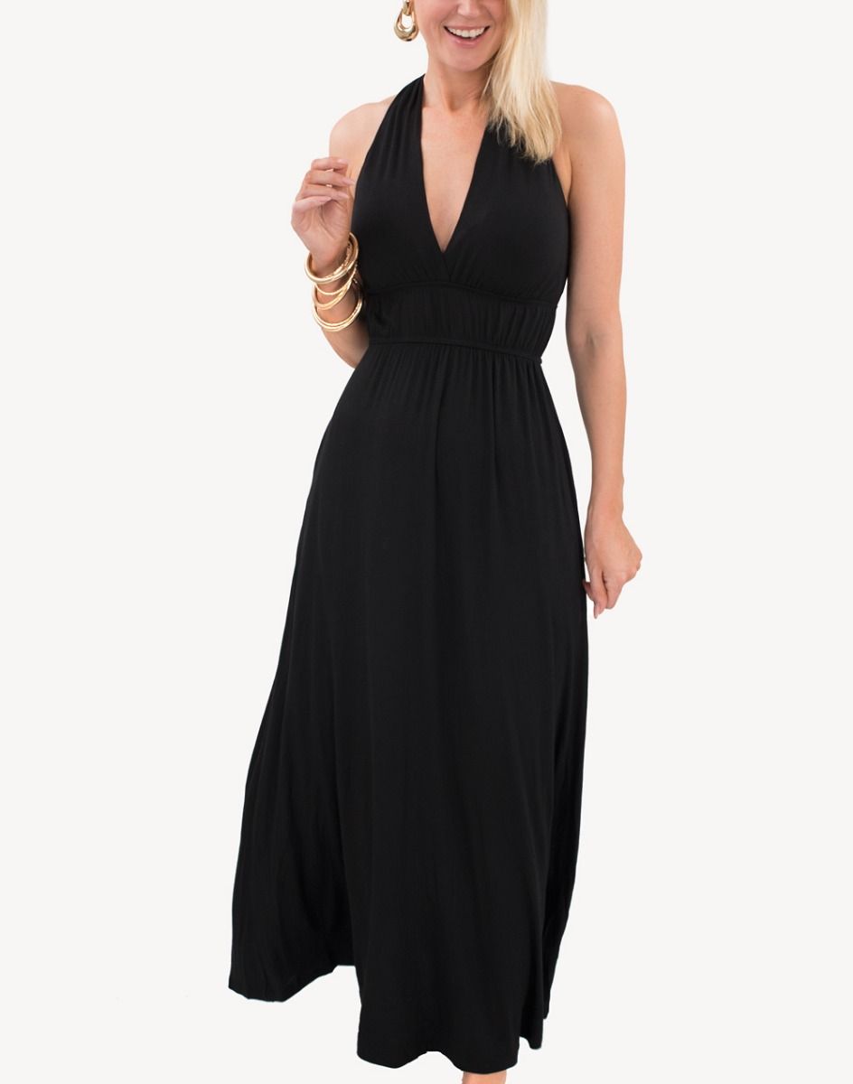 Smocked Pocketed Grecian Maxi Dress#color_black