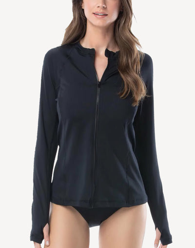 Women's Zip UPF 50+ Plus Size Long Sleeve Swim Shirt#color_black